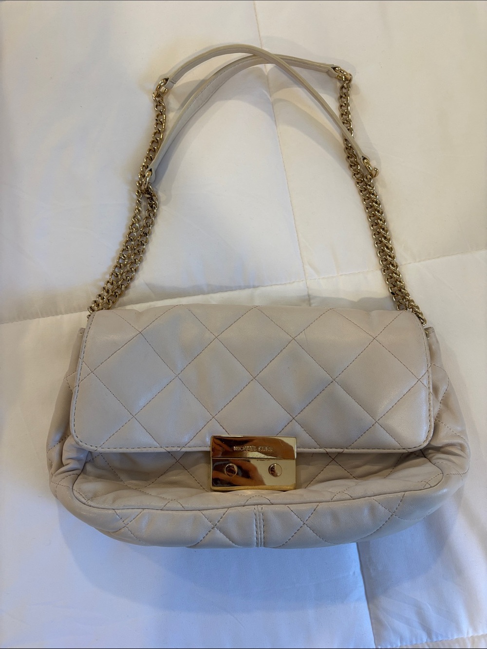 Michael Kors Quilted Shoulder Bag in Light Beige with Gold Hardware